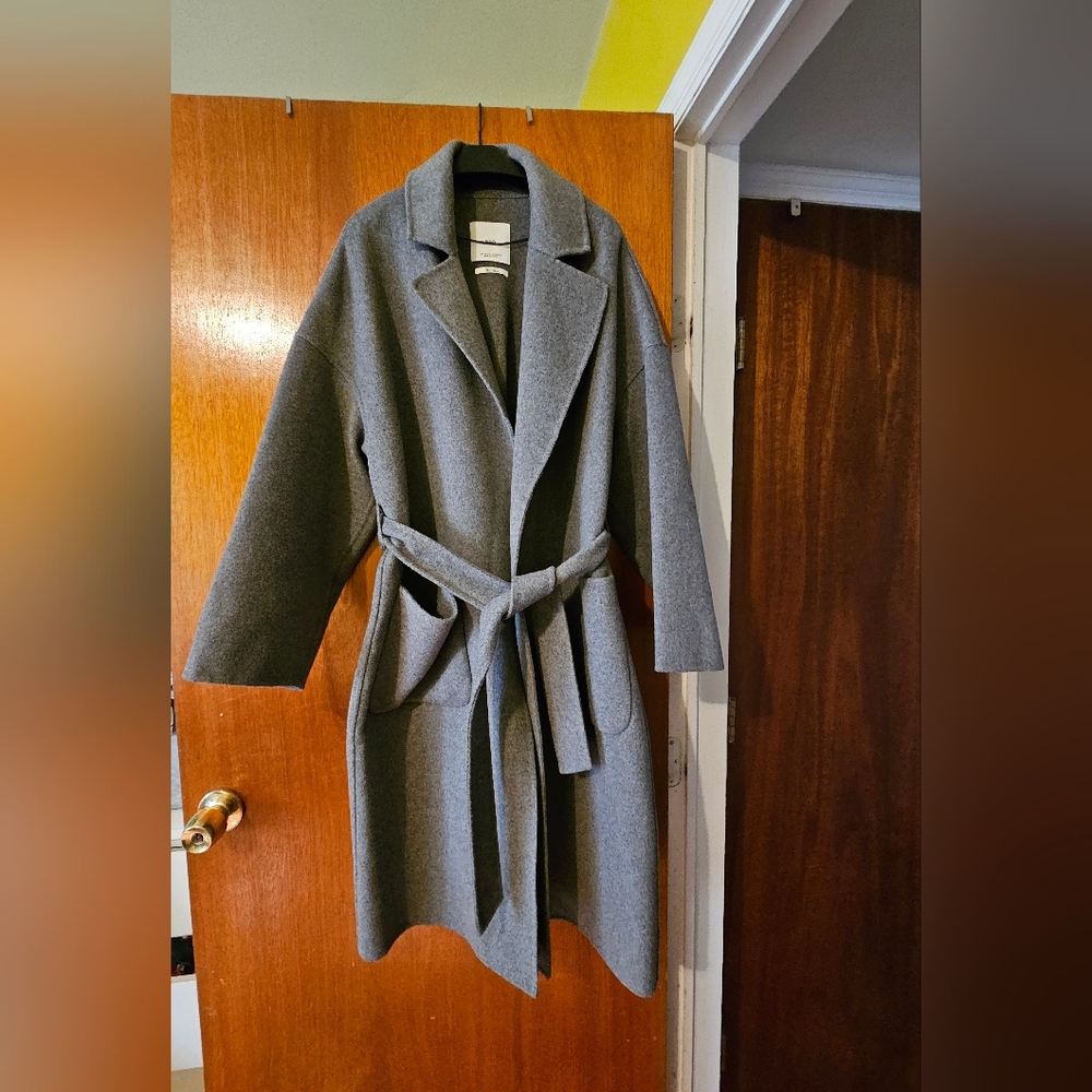 Mango Gray Wool Blend Coat With Belt Tie